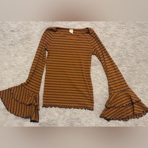 We The Free Brown and Black Striped Bell Sleeve Top